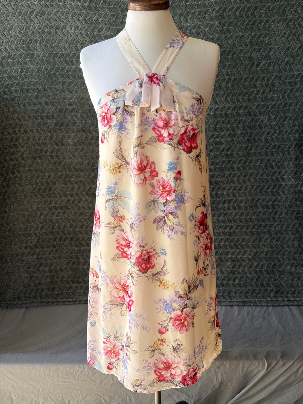 Anthropologie Cream Halter‎ Floral Midi Dress with Pink & Blue Blooms